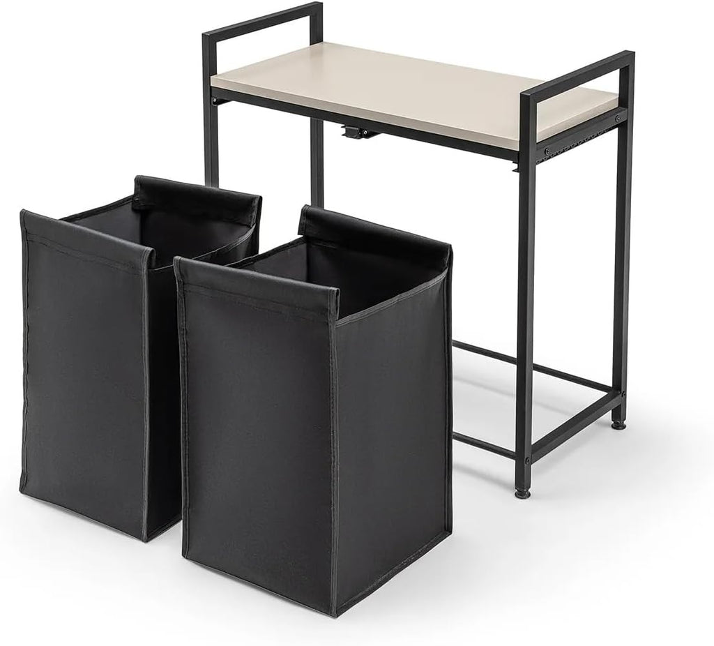 Wäschekorb 2 Fächer, Wäschesammler mit Ablage, Wäschesack aus wasserabweisendem Stoff, stabiler Metallrahmen, MDF-Unterstützung, 32 x 75 x 70 cm