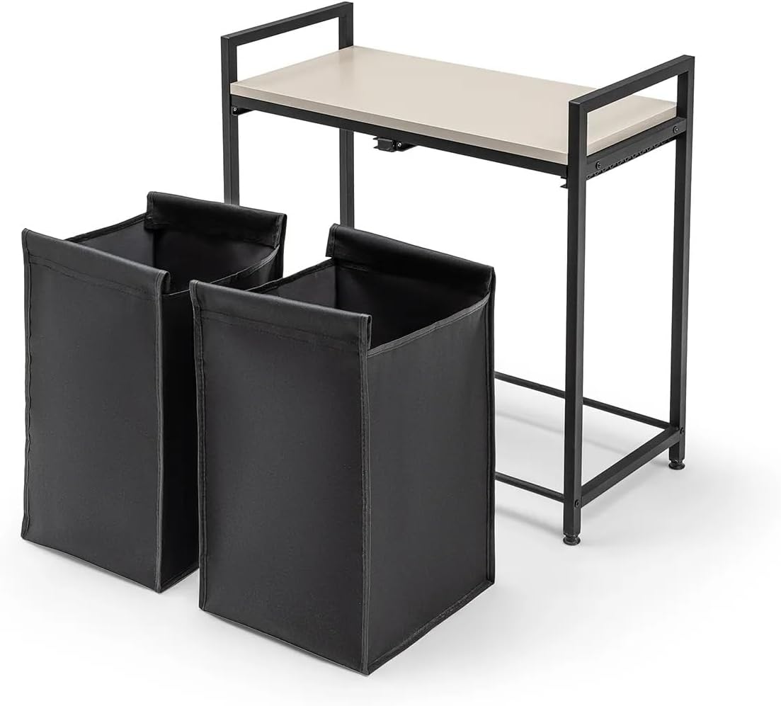 Wäschekorb 2 Fächer, Wäschesammler mit Ablage, Wäschesack aus wasserabweisendem Stoff, stabiler Metallrahmen, MDF-Unterstützung, 32 x 75 x 70 cm