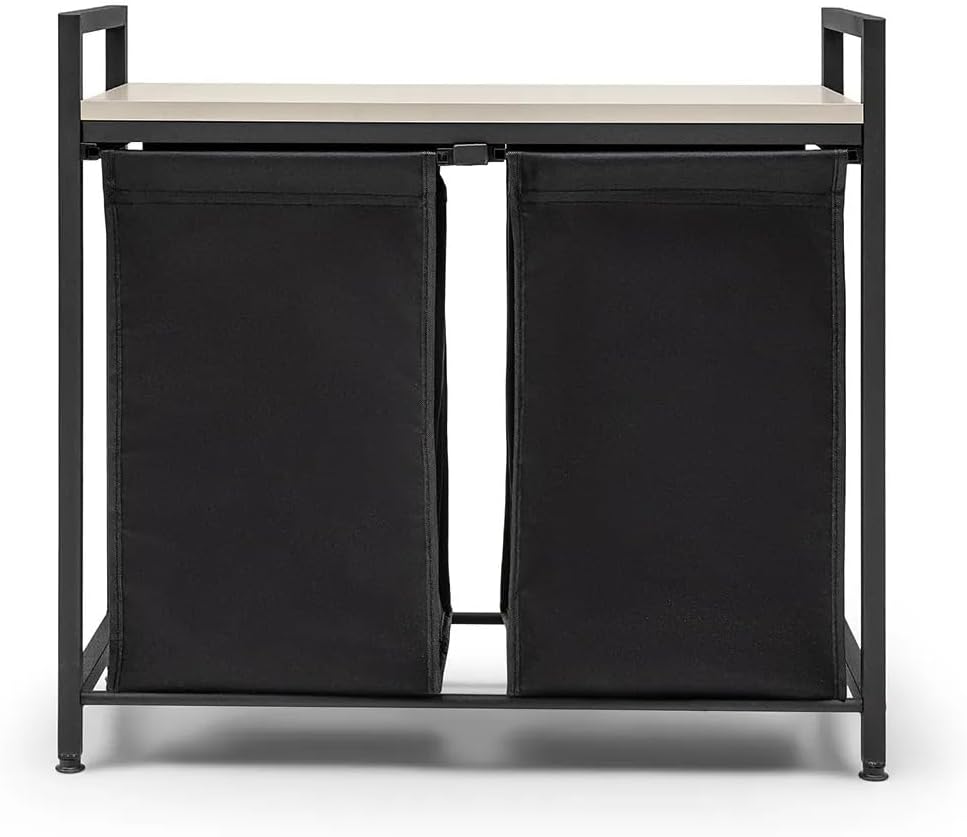 Wäschekorb 2 Fächer, Wäschesammler mit Ablage, Wäschesack aus wasserabweisendem Stoff, stabiler Metallrahmen, MDF-Unterstützung, 32 x 75 x 70 cm