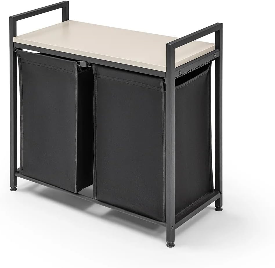 Wäschekorb 2 Fächer, Wäschesammler mit Ablage, Wäschesack aus wasserabweisendem Stoff, stabiler Metallrahmen, MDF-Unterstützung, 32 x 75 x 70 cm