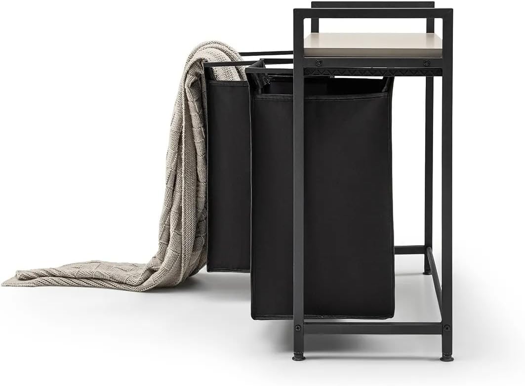 Wäschekorb 2 Fächer, Wäschesammler mit Ablage, Wäschesack aus wasserabweisendem Stoff, stabiler Metallrahmen, MDF-Unterstützung, 32 x 75 x 70 cm