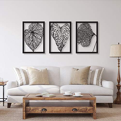 Tubibu Leafs Wandhalterung, Metallskulptur, Wanddekoration, Wandkunst, Heim, Wohnzimmer, Schlafzimmer, Dekoration, 3 Stück x (47,8 x 69,8 cm) (schwarz)