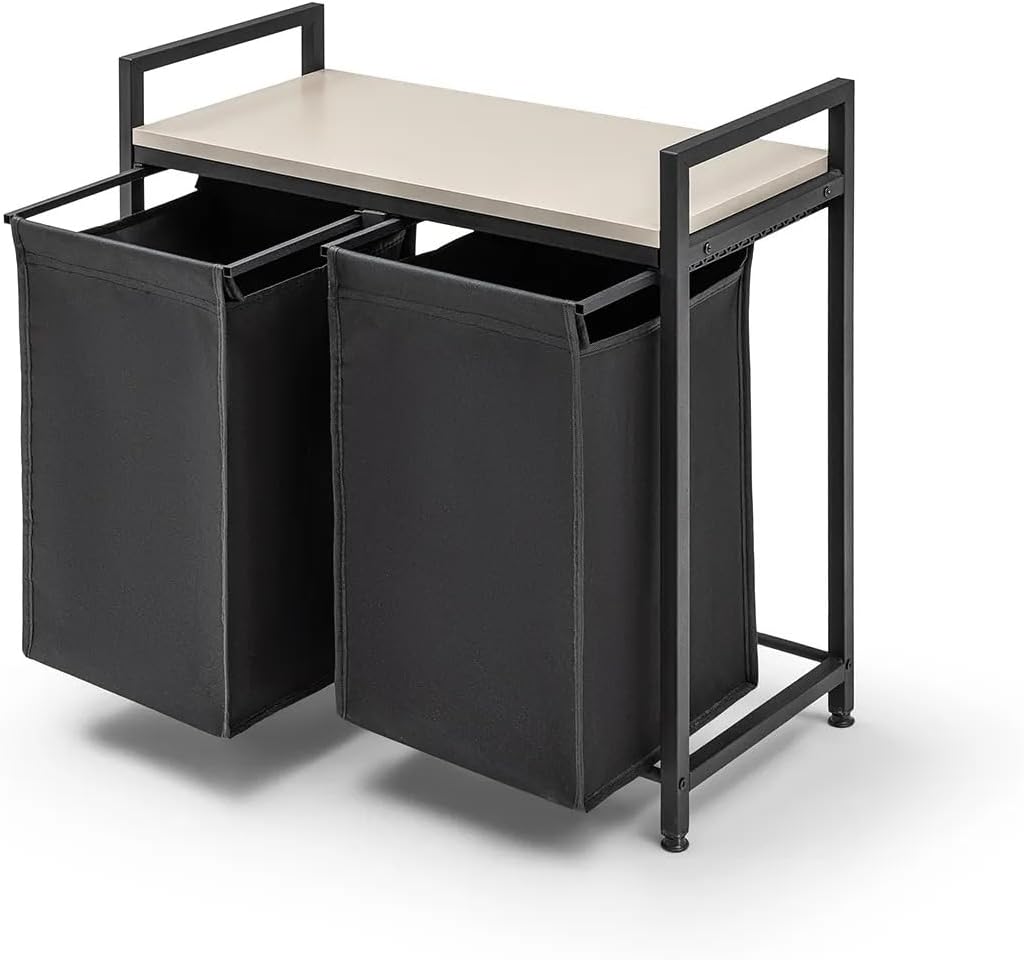 Wäschekorb 2 Fächer, Wäschesammler mit Ablage, Wäschesack aus wasserabweisendem Stoff, stabiler Metallrahmen, MDF-Unterstützung, 32 x 75 x 70 cm