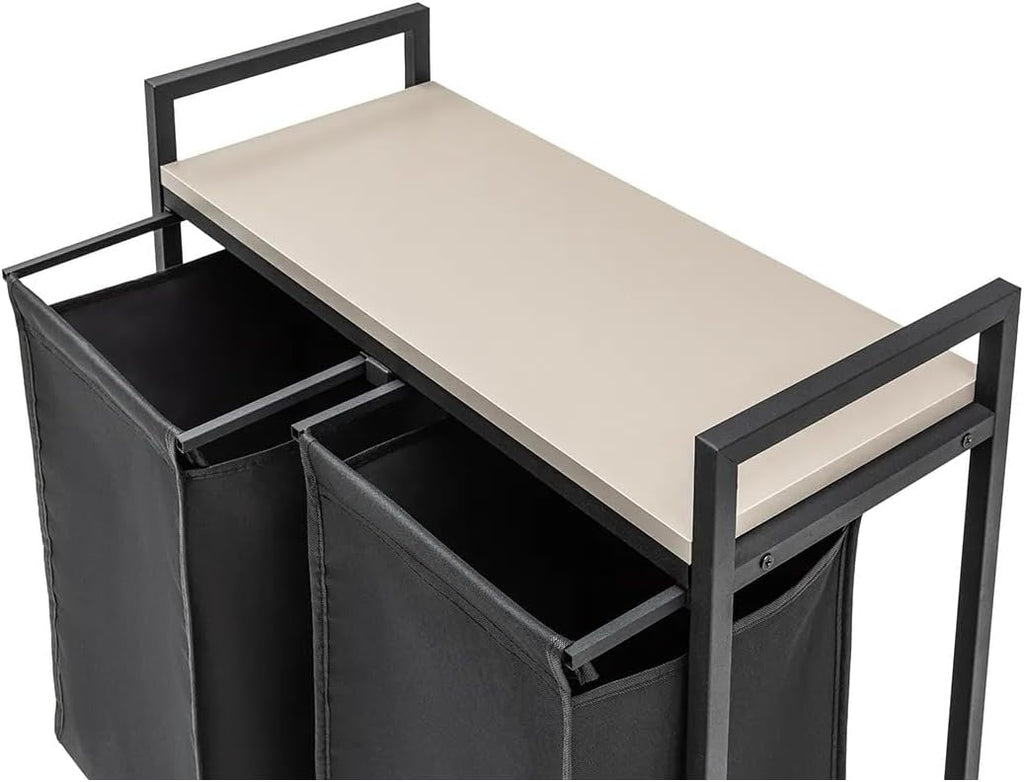 Wäschekorb 2 Fächer, Wäschesammler mit Ablage, Wäschesack aus wasserabweisendem Stoff, stabiler Metallrahmen, MDF-Unterstützung, 32 x 75 x 70 cm