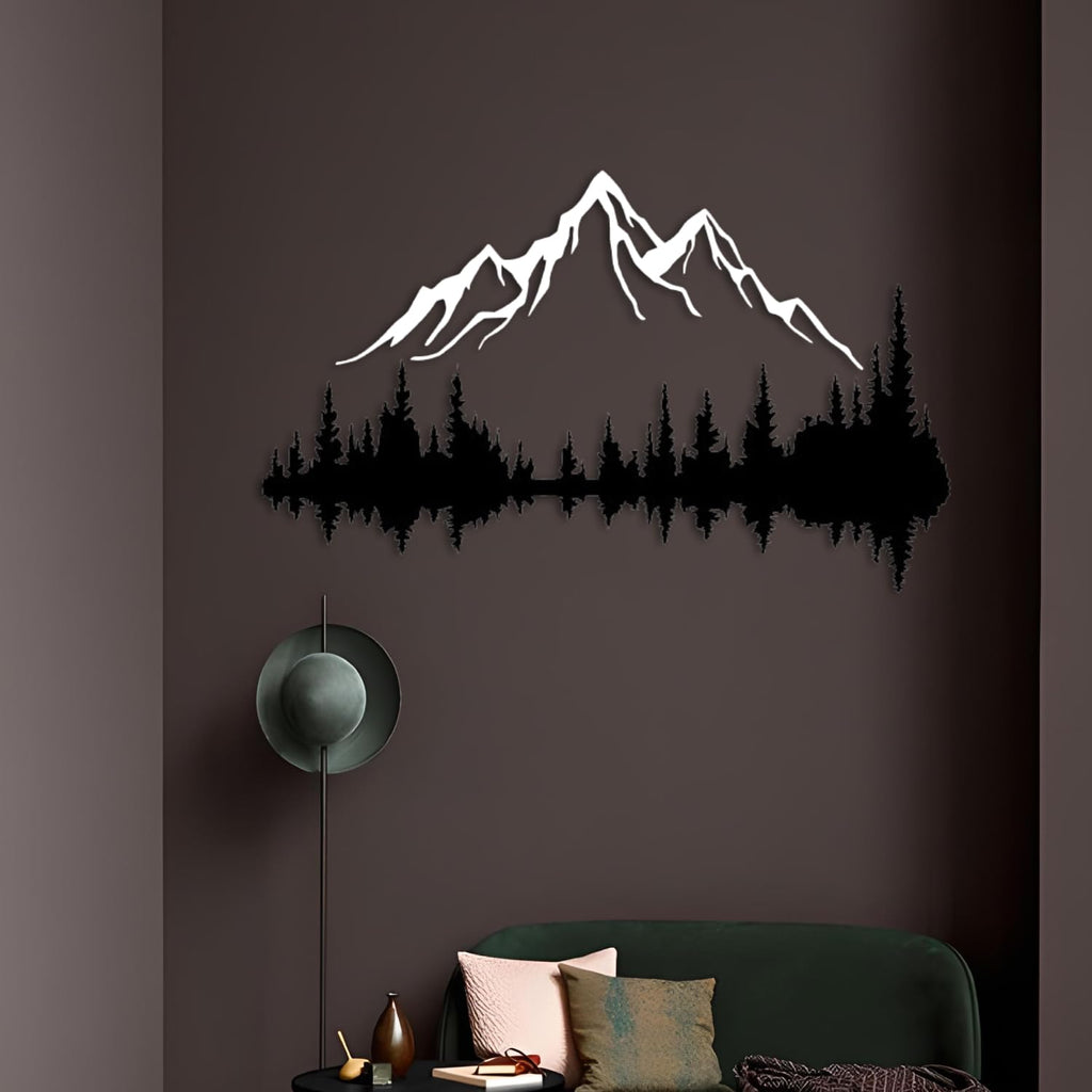 Metall Wandkunst Berg und Wald Metall Wanddekoration, große Wandskulptur für rustikales Zuhause, Innen und Außenbereich, Moderne Deko, Bilder für Zuhause Büro Wohnzimmer (Berg 2, Klein, White/Black)