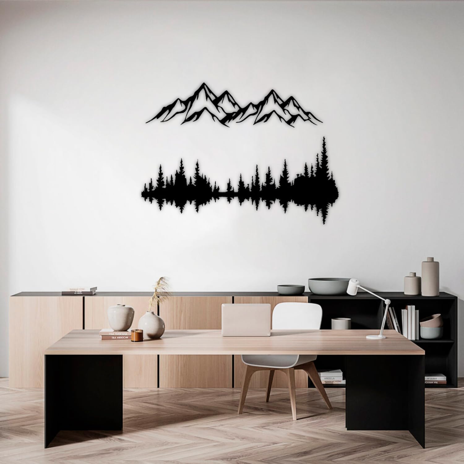 Metall Wandkunst Berg und Wald Metall Wanddekoration, große Wandskulptur für rustikales Zuhause, Innen und Außenbereich, Moderne Deko, Bilder für Zuhause Büro Wohnzimmer (Berg 2, Klein, White/Black)