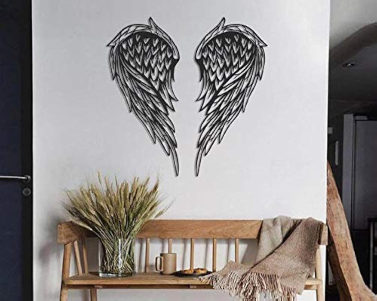 Engelsflügel Metall Wandkunst 100% Metall 2D Skulptur Groß und Breit - Wandbehang für Wohnzimmer Schlafzimmer Schlafsaal Geschenk für Sie in Herzform (Schwarz)