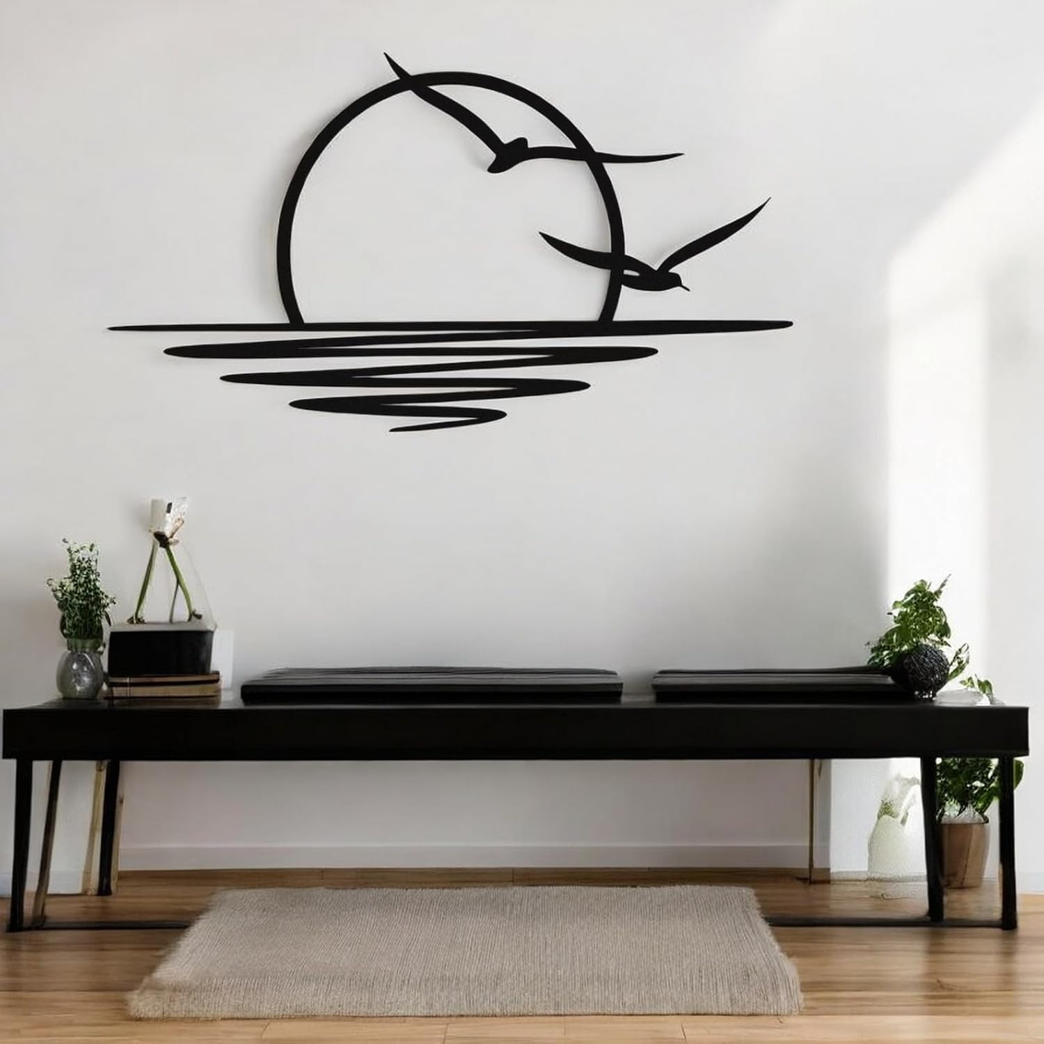 Tubibu Metall-Wandkunst – Sonnen-Glitzer-Wanddekoration – schwarze minimalistische Linienkunst – Sonnenaufgang-Wandbehang für Wohnzimmer, Schlafzimmer, Einweihungsgeschenk im Freien (XXLARGE)