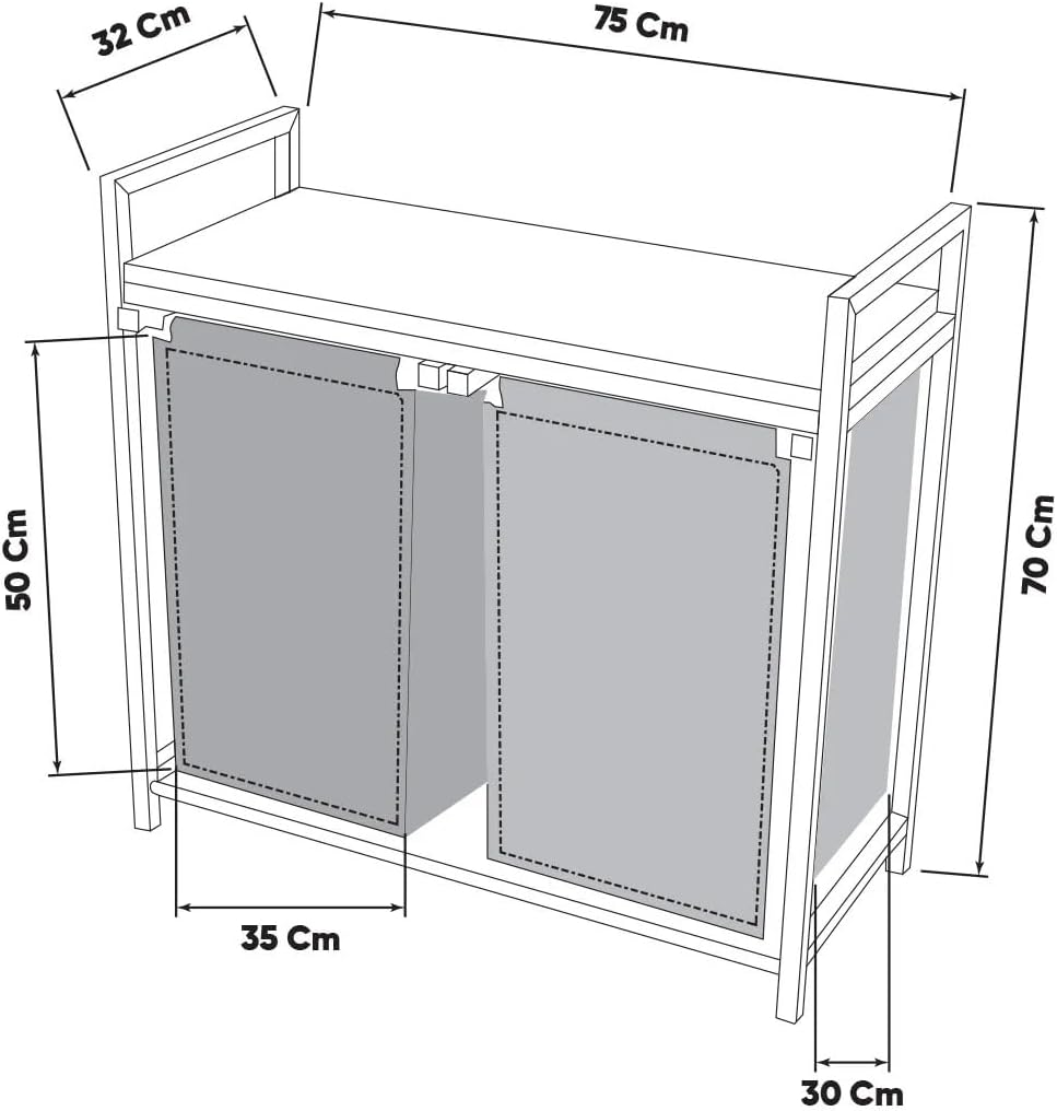 Wäschekorb 2 Fächer, Wäschesammler mit Ablage, Wäschesack aus wasserabweisendem Stoff, stabiler Metallrahmen, MDF-Unterstützung, 32 x 75 x 70 cm