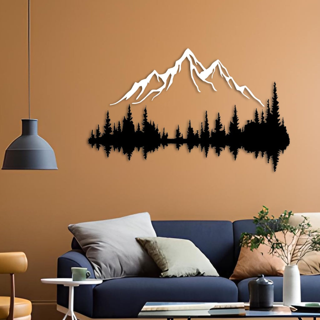 Metall Wandkunst Berg und Wald Metall Wanddekoration, große Wandskulptur für rustikales Zuhause, Innen und Außenbereich, Moderne Deko, Bilder für Zuhause Büro Wohnzimmer (Berg 2, Klein, White/Black)