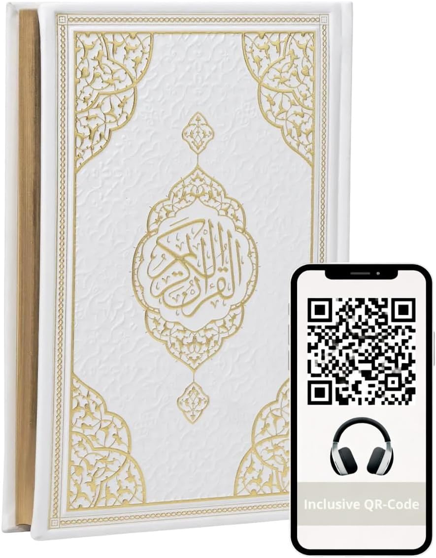 Koran in Medina-Schrift mit Thermo-Ledereinband und Goldschnitt – QR-Code Audio, Al-Azhar-Siegel, Arabisch, 616 Seiten (Weiß, 17 x 24 cm)