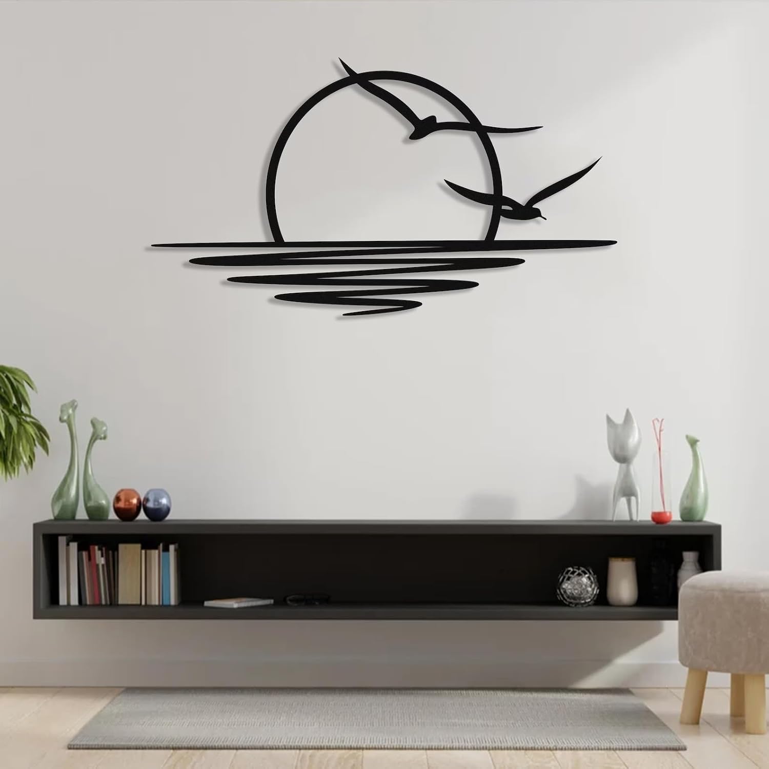 Tubibu Metall-Wandkunst – Sonnen-Glitzer-Wanddekoration – schwarze minimalistische Linienkunst – Sonnenaufgang-Wandbehang für Wohnzimmer, Schlafzimmer, Einweihungsgeschenk im Freien (XXLARGE)