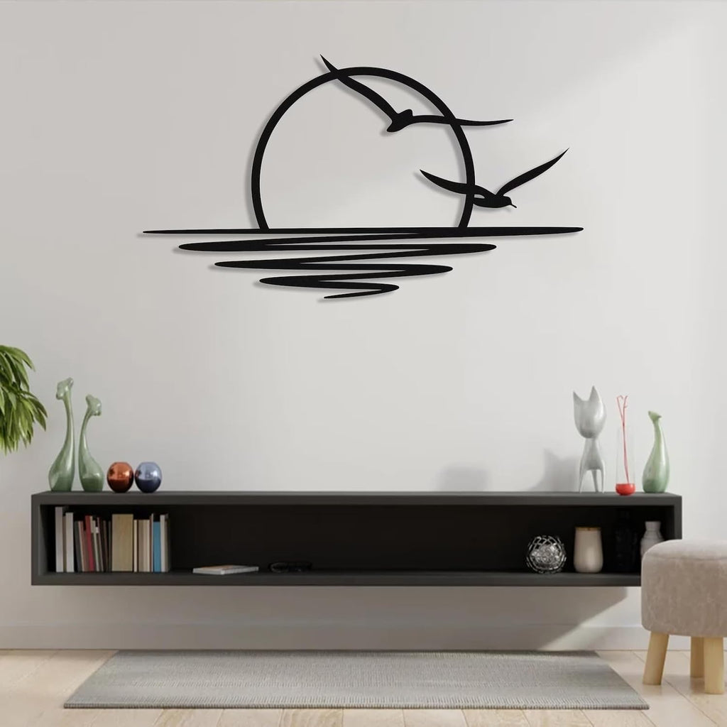 Tubibu Metall-Wandkunst – Sonnen-Glitzer-Wanddekoration – schwarze minimalistische Linienkunst – Sonnenaufgang-Wandbehang für Wohnzimmer, Schlafzimmer, Einweihungsgeschenk im Freien (XXLARGE)