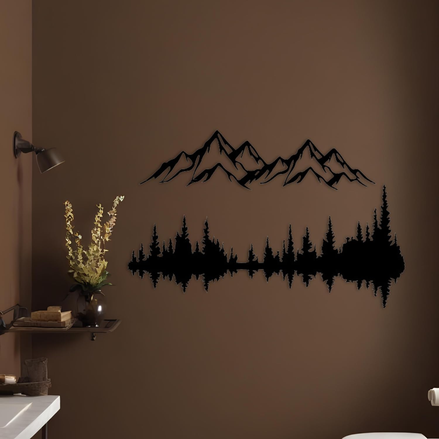 Metall Wandkunst Berg und Wald Metall Wanddekoration, große Wandskulptur für rustikales Zuhause, Innen und Außenbereich, Moderne Deko, Bilder für Zuhause Büro Wohnzimmer (Berg 2, Klein, White/Black)
