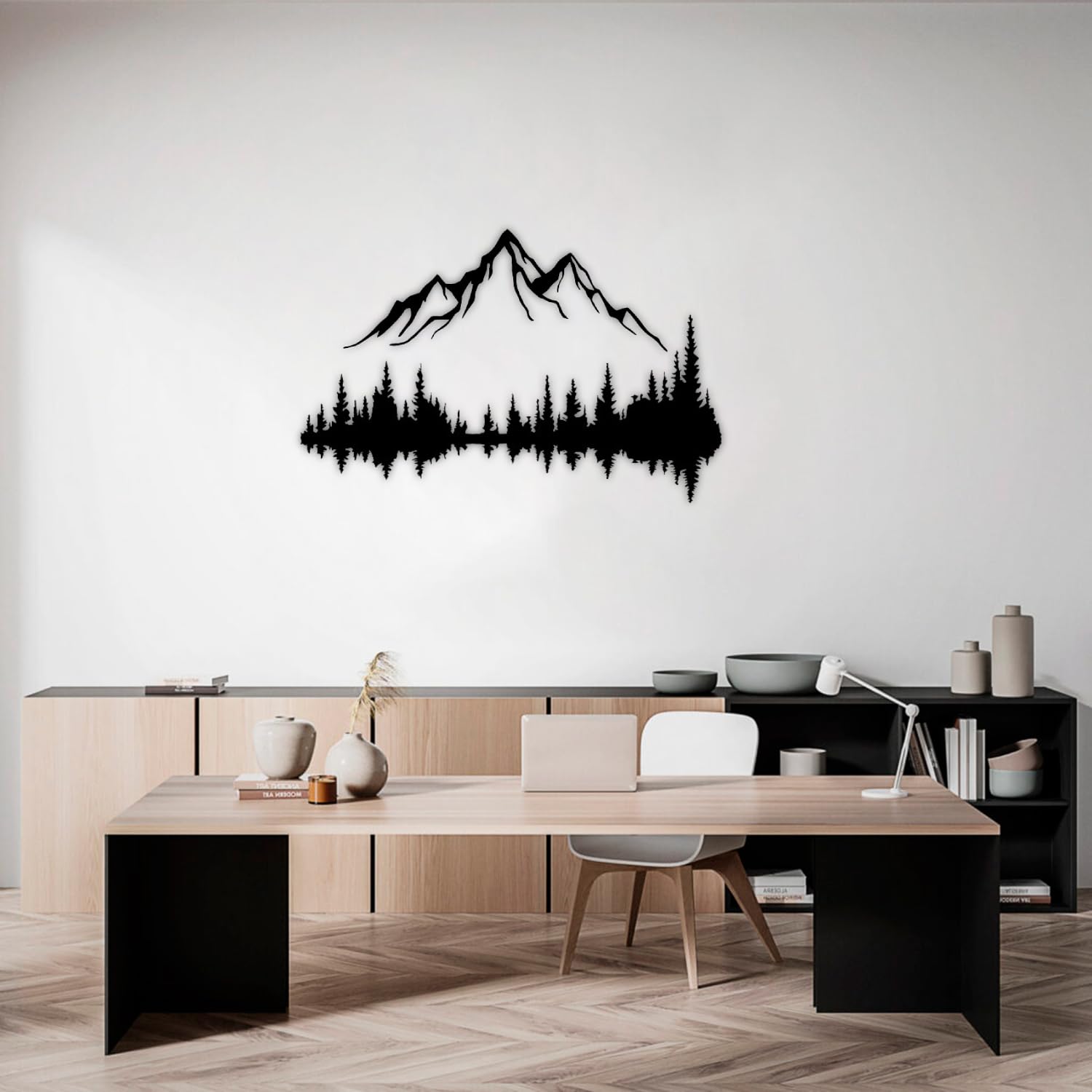 Metall Wandkunst Berg und Wald Metall Wanddekoration, große Wandskulptur für rustikales Zuhause, Innen und Außenbereich, Moderne Deko, Bilder für Zuhause Büro Wohnzimmer (Berg 2, Klein, White/Black)