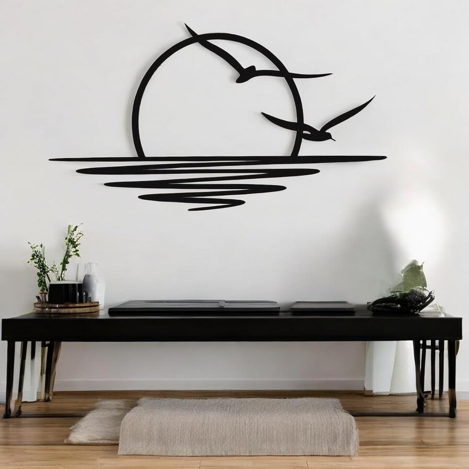 Tubibu Metall-Wandkunst – Sonnen-Glitzer-Wanddekoration – schwarze minimalistische Linienkunst – Sonnenaufgang-Wandbehang für Wohnzimmer, Schlafzimmer, Einweihungsgeschenk im Freien (XXLARGE)