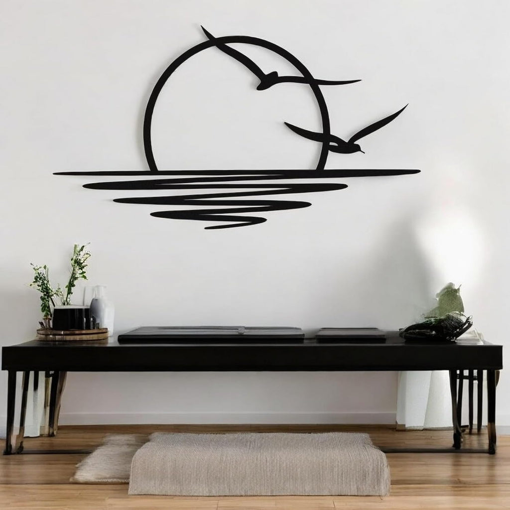 Tubibu Metall-Wandkunst – Sonnen-Glitzer-Wanddekoration – schwarze minimalistische Linienkunst – Sonnenaufgang-Wandbehang für Wohnzimmer, Schlafzimmer, Einweihungsgeschenk im Freien (XXLARGE)