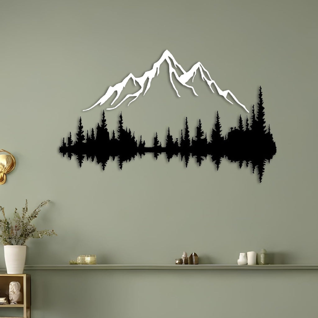 Metall Wandkunst Berg und Wald Metall Wanddekoration, große Wandskulptur für rustikales Zuhause, Innen und Außenbereich, Moderne Deko, Bilder für Zuhause Büro Wohnzimmer (Berg 2, Klein, White/Black)