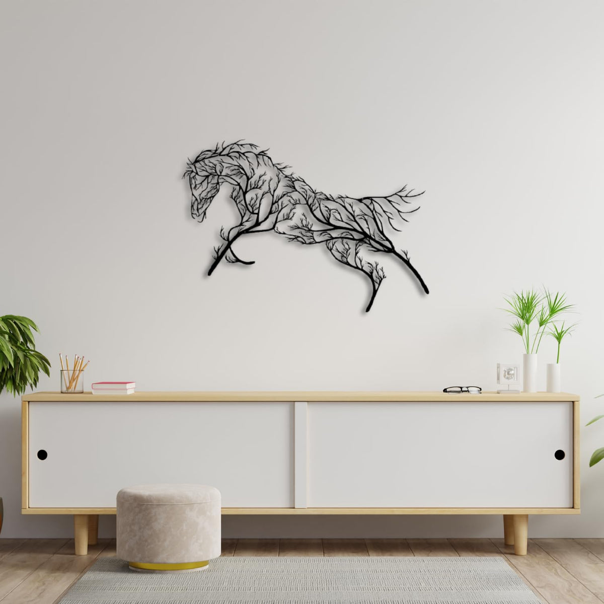 Baum des Lebens – Pferd – Metall-Wandkunst, 96 × 68 cm