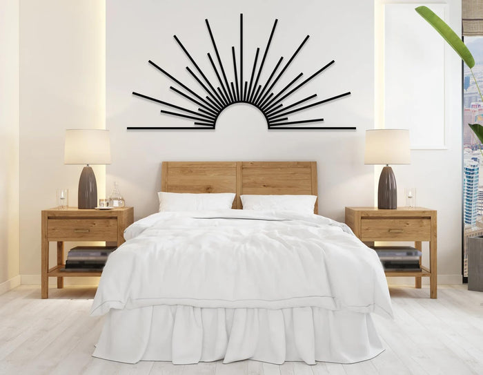 Tubibu Metall-Wandkunst Sonnen-Glitzer-Wanddekoration – schwarze Gold minimalistische Linienkunst Sonnenaufgang-Wandbehang für Wohnzimmer, Schlafzimmer, Einweihungsgeschenk im Freien – e Linienkunst Sonnenaufgang-Wandbehang für Wohnzimmer, Schlafzimmer, Einweihungsgeschenk im Freien (Art Deco, Black, XL)