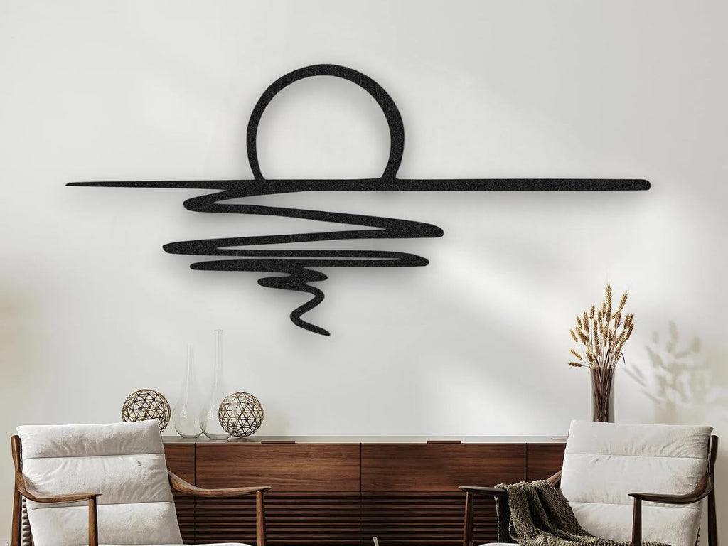 Tubibu Metall-Wandkunst – Sonnen-Glitzer-Wanddekoration – schwarze minimalistische Linienkunst – Sonnenaufgang-Wandbehang für Wohnzimmer, Schlafzimmer, Einweihungsgeschenk im Freien (XXL)