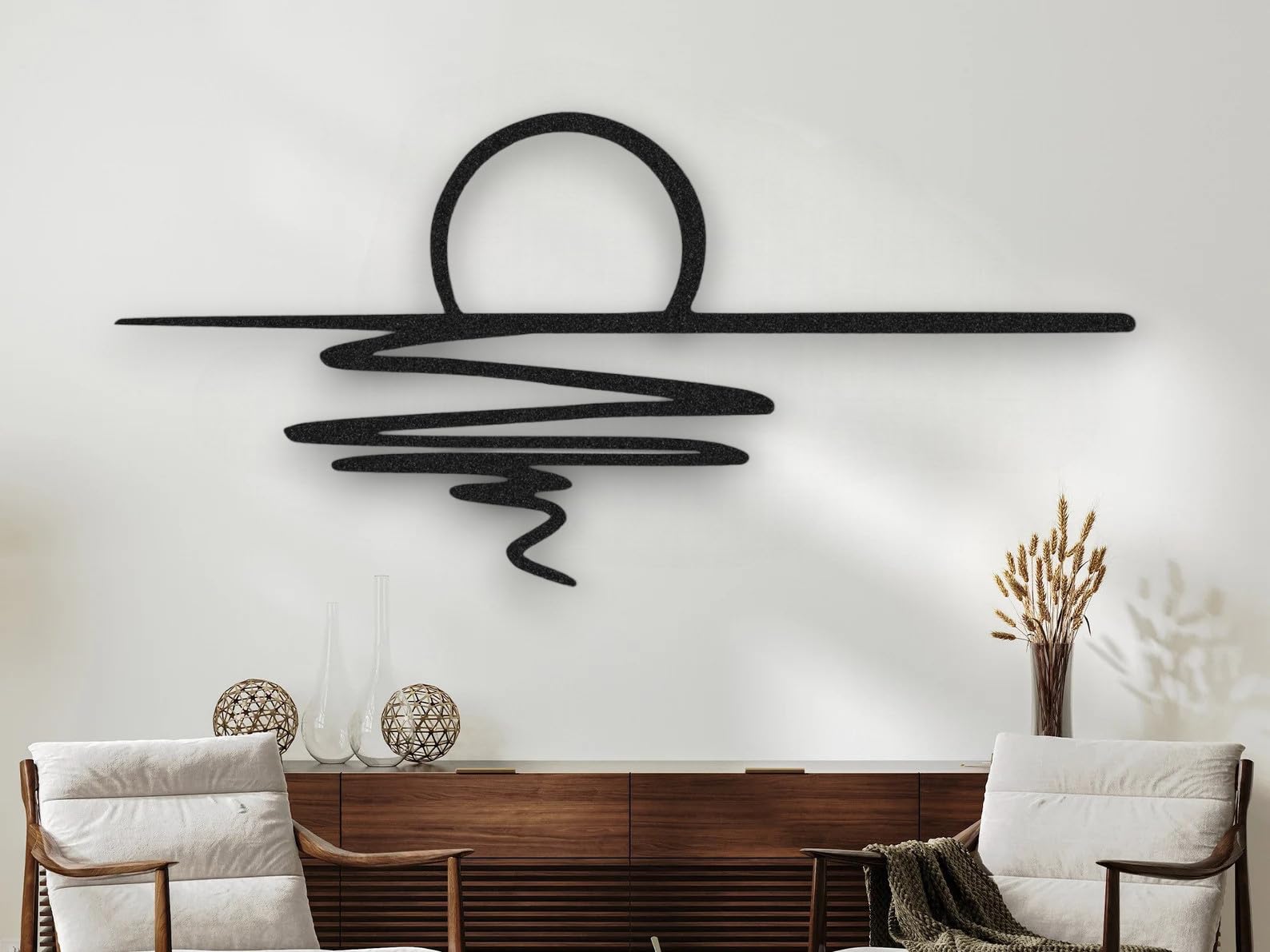 Tubibu Metall-Wandkunst – Sonnen-Glitzer-Wanddekoration – schwarze minimalistische Linienkunst – Sonnenaufgang-Wandbehang für Wohnzimmer, Schlafzimmer, Einweihungsgeschenk im Freien (XXL)