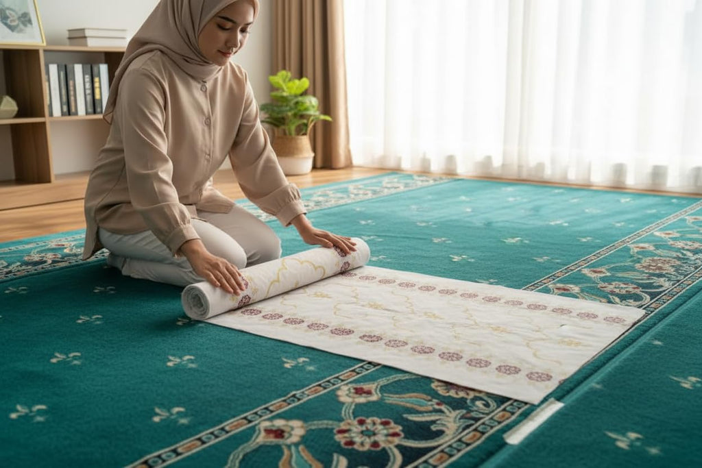 Tubibu 100x Einweg Gebetsteppich auf Rolle (50x120 cm) – Wasserabweisende Unterseite – Professionelle Lösung für Moschee, Reise, Hotel & Gäste – Praktische Perforation