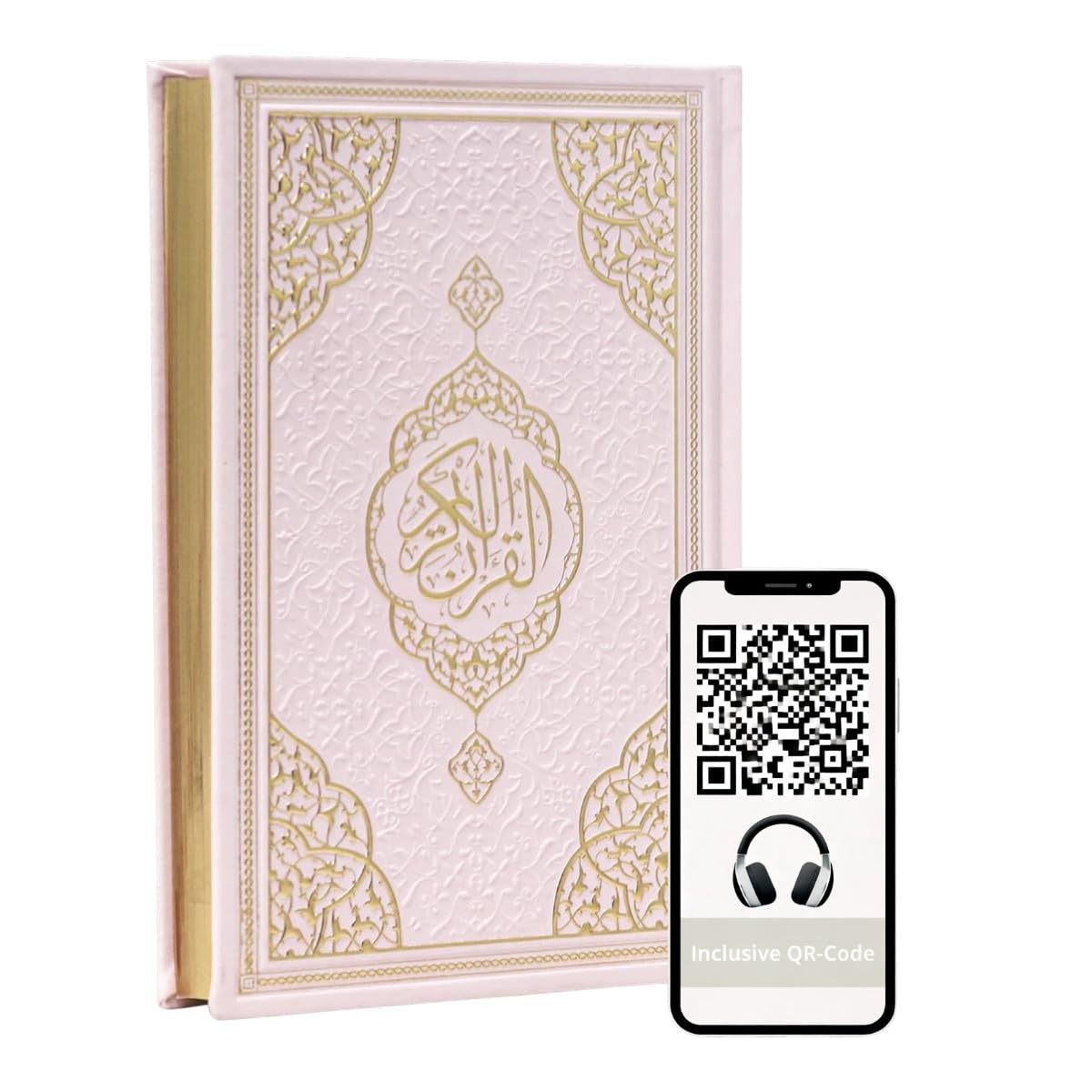 Koran auf Arabisch mit roséfarbenem Termo-Ledereinband und Goldschnitt, mit QR-Code-Audio