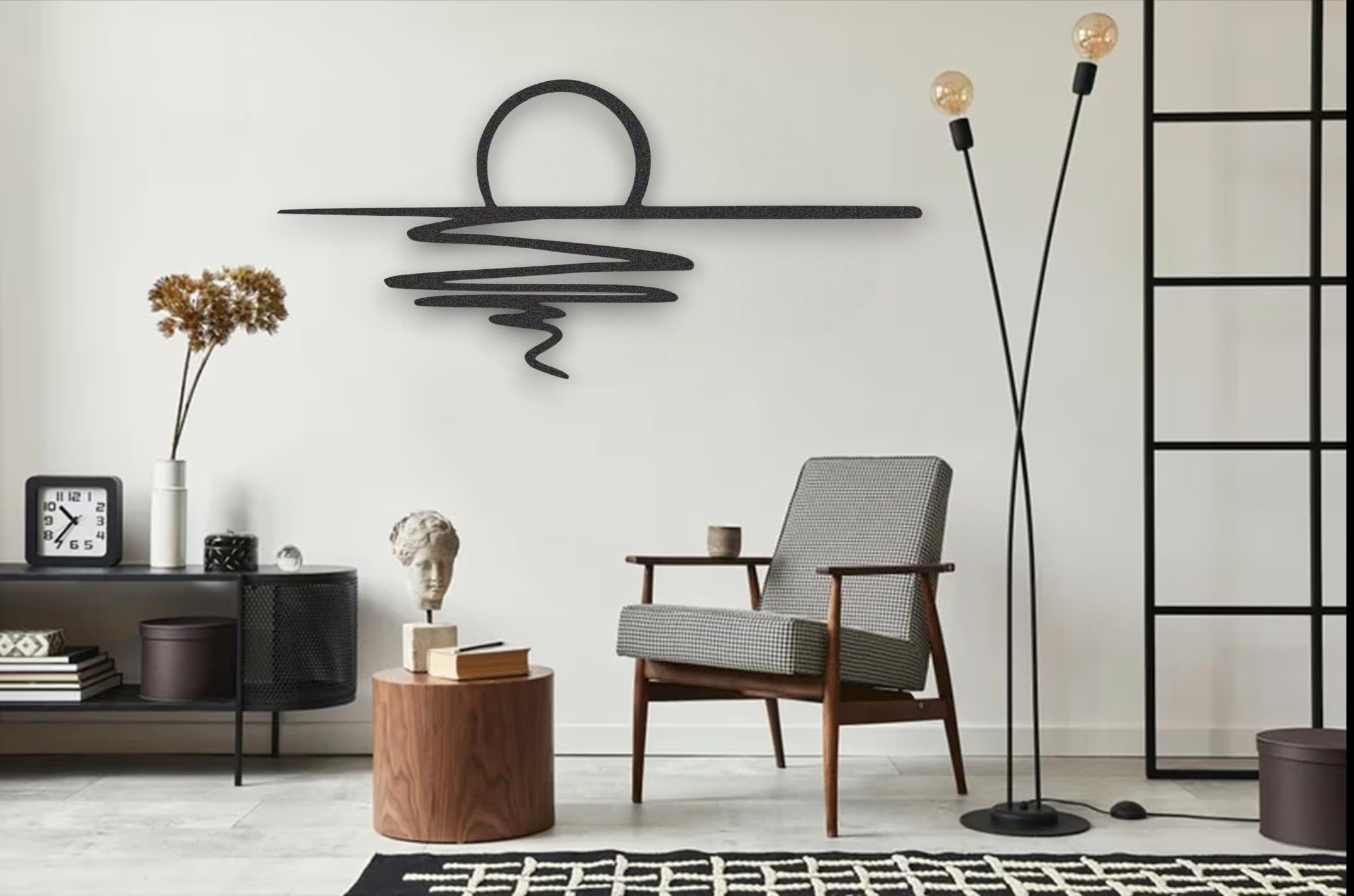 Tubibu Metall-Wandkunst – Sonnen-Glitzer-Wanddekoration – schwarze minimalistische Linienkunst – Sonnenaufgang-Wandbehang für Wohnzimmer, Schlafzimmer, Einweihungsgeschenk im Freien (XXL)