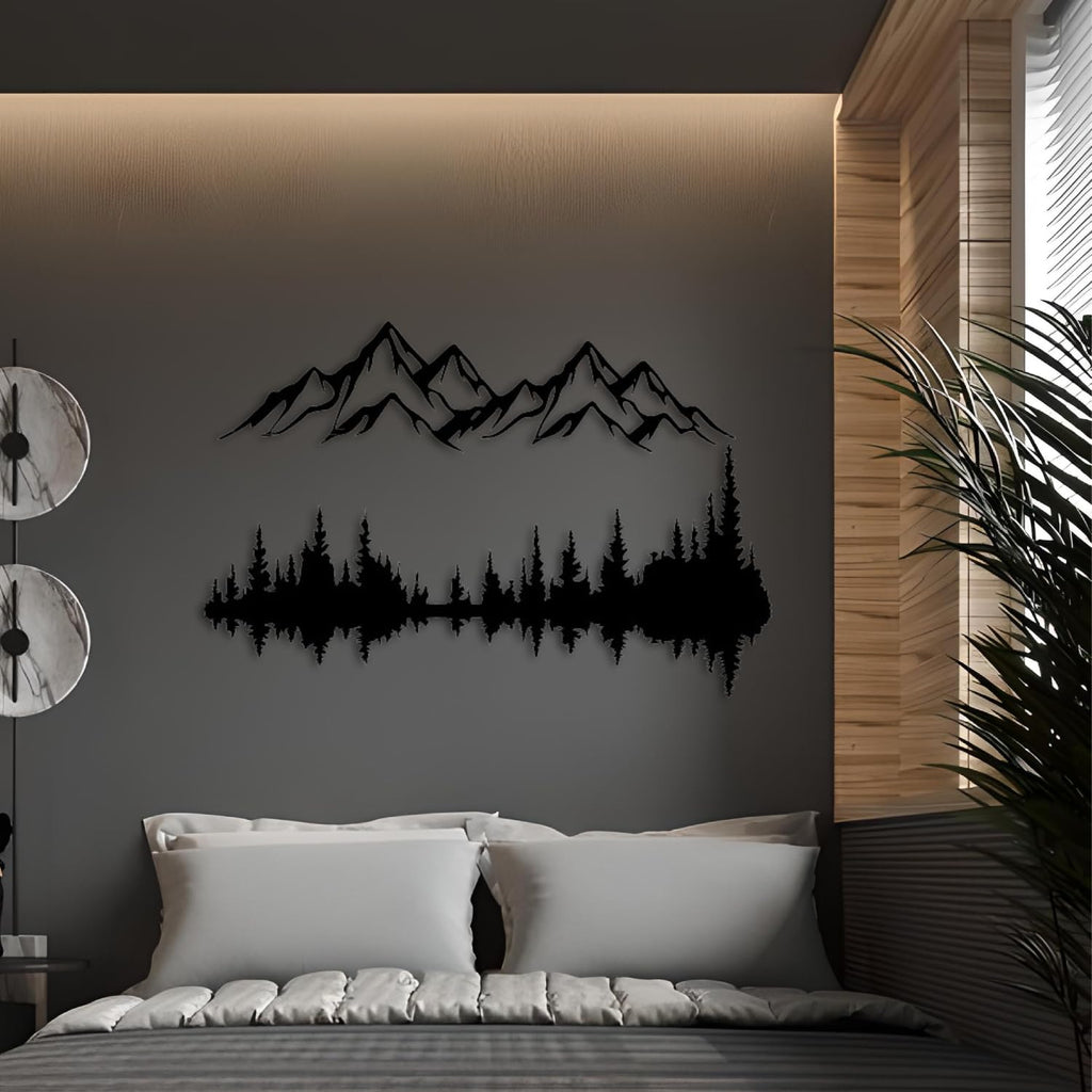Metall Wandkunst Berg und Wald Metall Wanddekoration, große Wandskulptur für rustikales Zuhause, Innen und Außenbereich, Moderne Deko, Bilder für Zuhause Büro Wohnzimmer (Berg 2, Klein, White/Black)