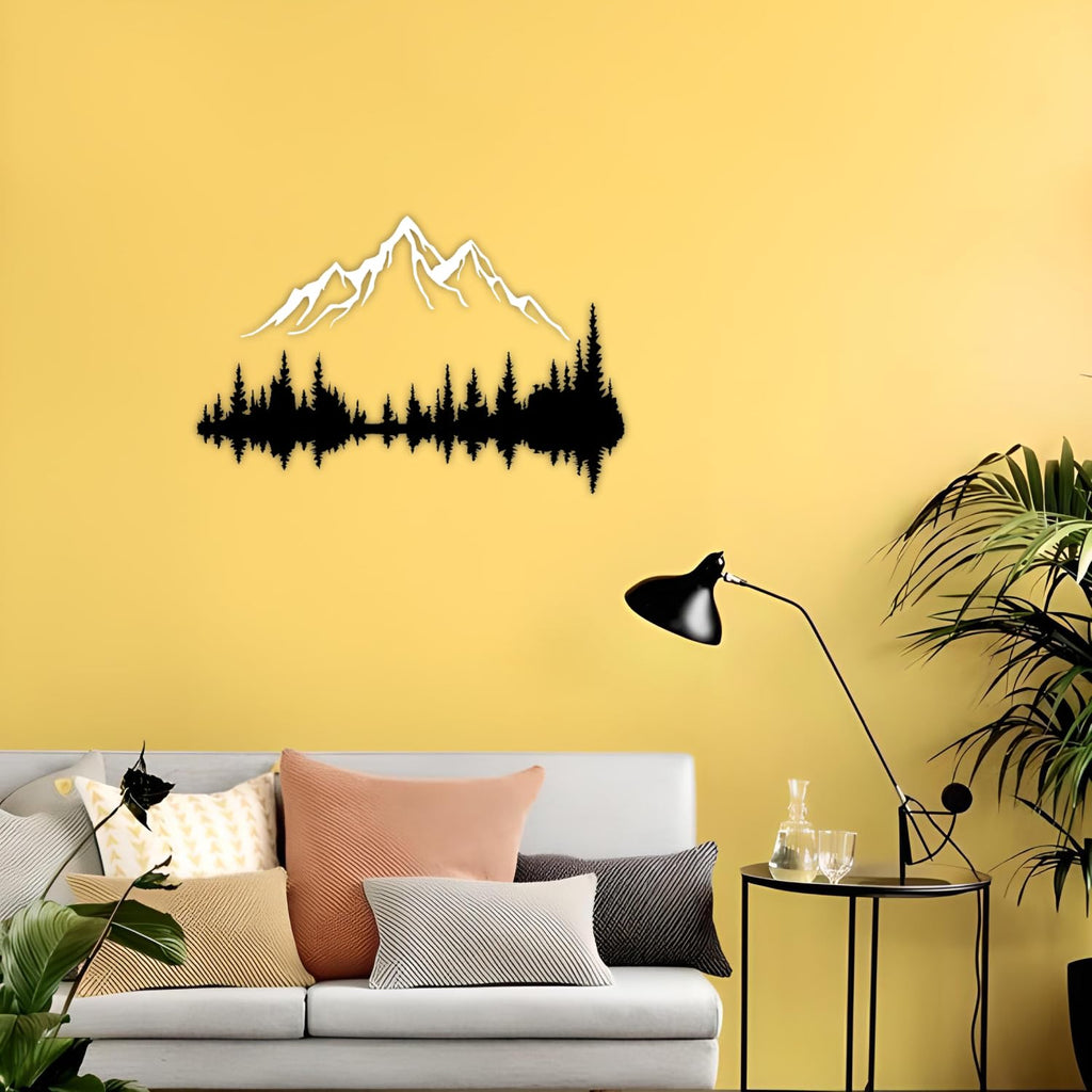 Metall Wandkunst Berg und Wald Metall Wanddekoration, große Wandskulptur für rustikales Zuhause, Innen und Außenbereich, Moderne Deko, Bilder für Zuhause Büro Wohnzimmer (Berg 2, Klein, White/Black)