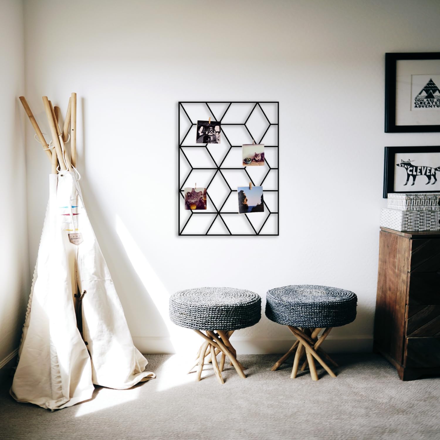 Wandgitter Schwarz,Wanddekor, Multifunktionale Gitterwand, DIY Eisen Gitter der Fotowand Dekoration, Pinnwand Foto an der Memoboard Hängen in der Familie, Küche, Fotohalter, Organizer für wand (Cubic)