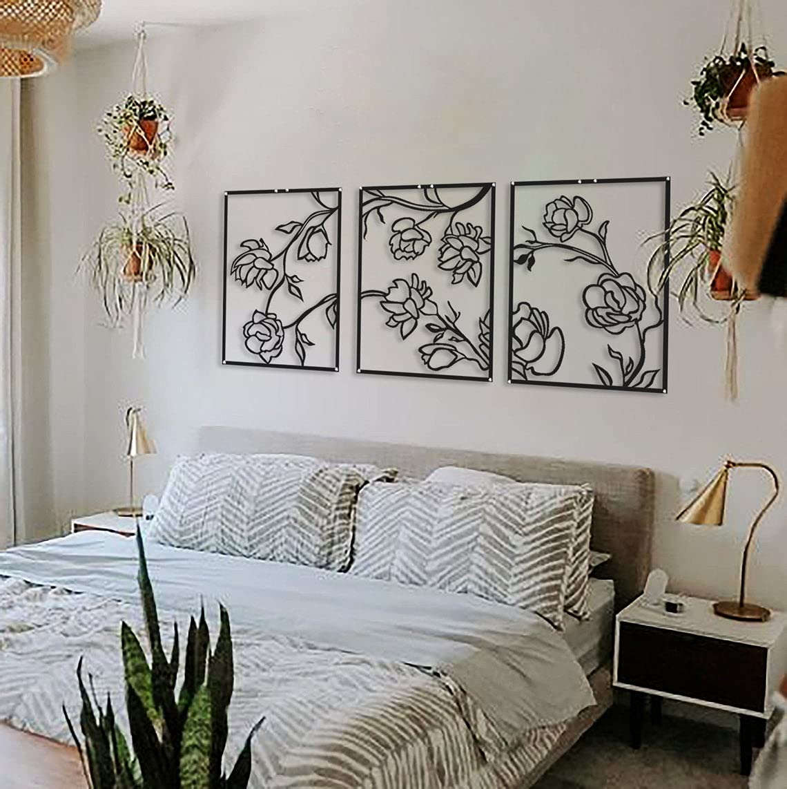 Tubibu 3 Stücke Dekorative Blumen Set %100 Metall Wandbehang Metall Wandkunst Minimalistische Metall Wanddekoration Wandschild Home Office Dekoration Schlafzimmer Wohnzimmer Dekor Wandskulptur