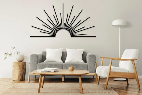 Tubibu Metall-Wandkunst Sonnen-Glitzer-Wanddekoration – schwarze Gold minimalistische Linienkunst Sonnenaufgang-Wandbehang für Wohnzimmer, Schlafzimmer, Einweihungsgeschenk im Freien