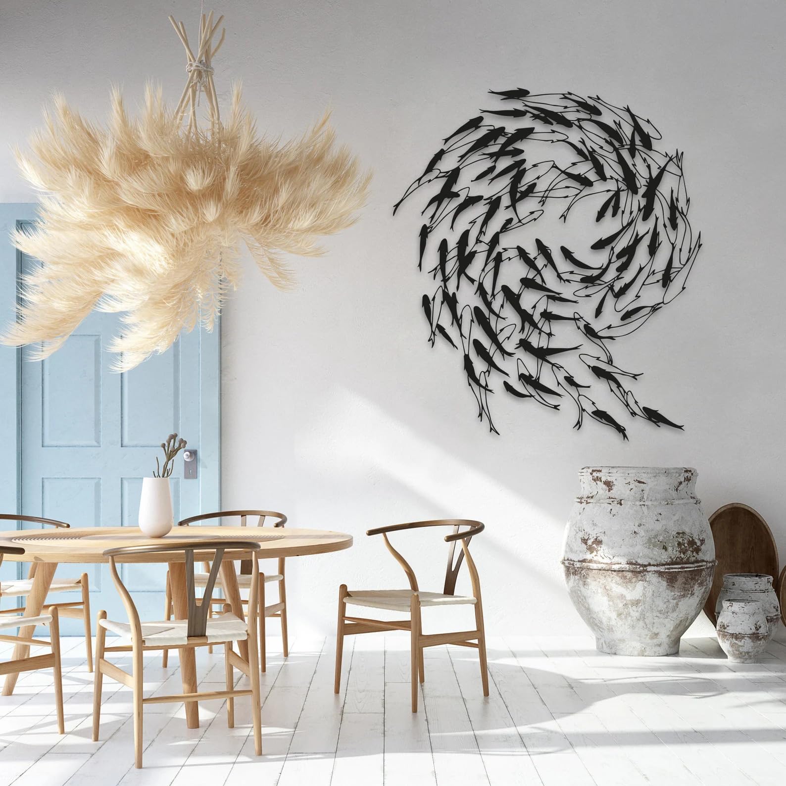 Tubibu Metall Fisch Wanddeko – Schwarze Fischfamilie Wandkunst im maritimen Stil – Moderne Wand Skulptur für Wohnzimmer, Bad, Garten, Balkon oder Terrasse (100x87)