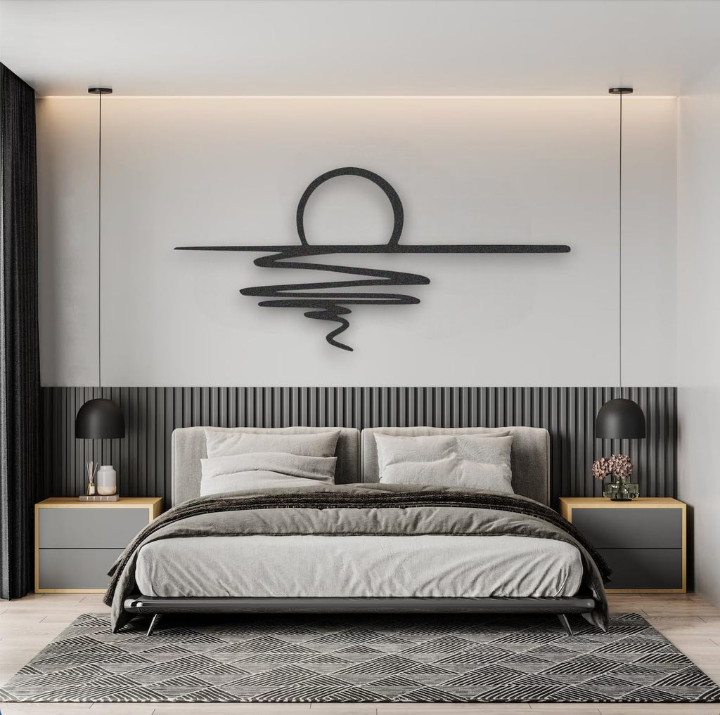 Tubibu Metall-Wandkunst – Sonnen-Glitzer-Wanddekoration – schwarze minimalistische Linienkunst – Sonnenaufgang-Wandbehang für Wohnzimmer, Schlafzimmer, Einweihungsgeschenk im Freien (XXL)