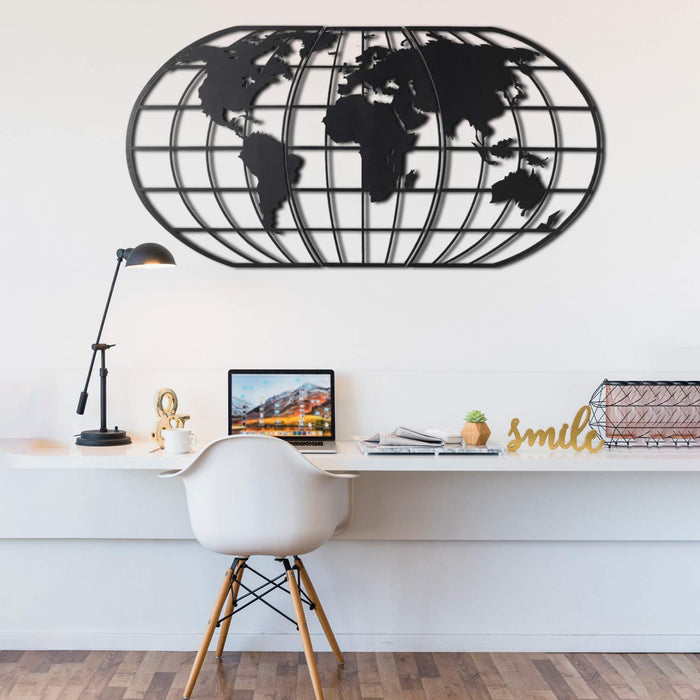 Weltkarten-Globe Schwarz – Metall-Wandkunst
