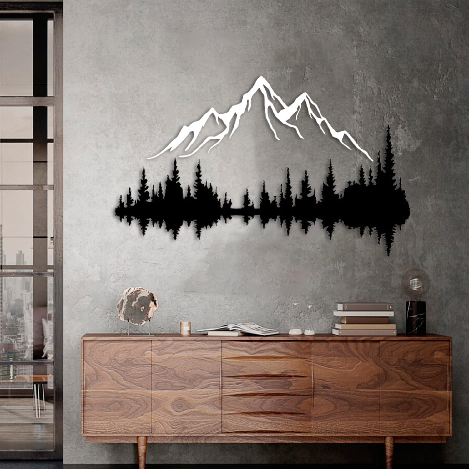 Metall Wandkunst Berg und Wald Metall Wanddekoration, große Wandskulptur für rustikales Zuhause, Innen und Außenbereich, Moderne Deko, Bilder für Zuhause Büro Wohnzimmer (Berg 2, Klein, White/Black)