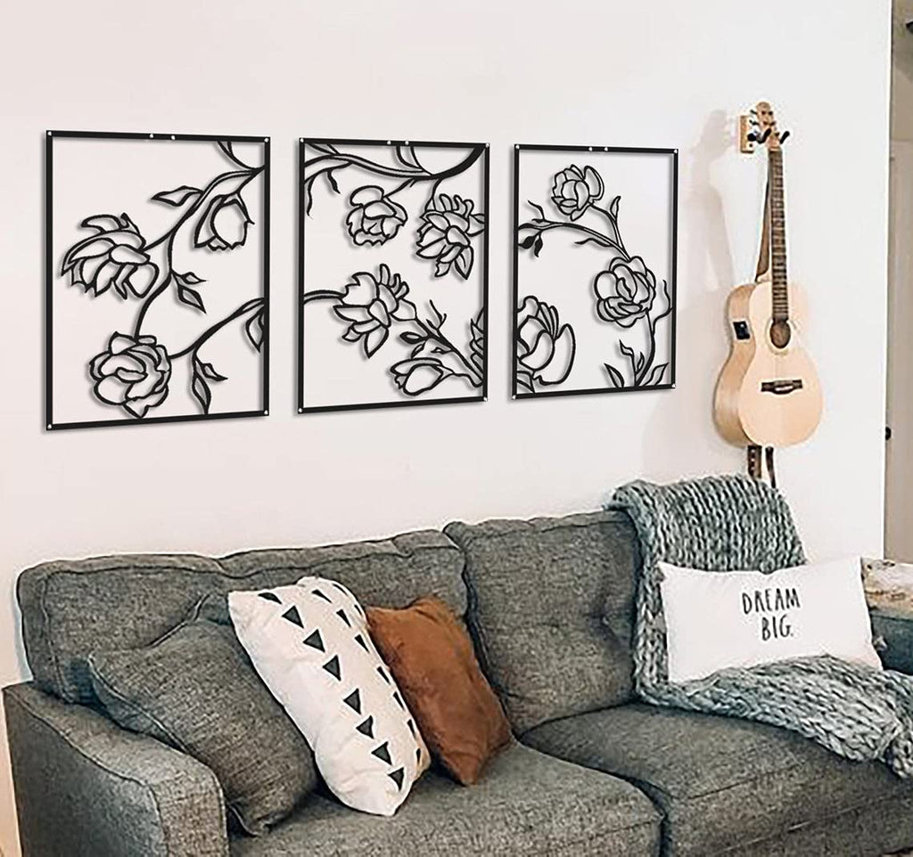 Tubibu 3 Stücke Dekorative Blumen Set %100 Metall Wandbehang Metall Wandkunst Minimalistische Metall Wanddekoration Wandschild Home Office Dekoration Schlafzimmer Wohnzimmer Dekor Wandskulptur