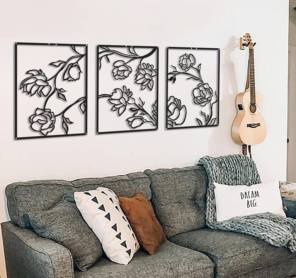 Tubibu 3 Stücke Dekorative Blumen Set %100 Metall Wandbehang Metall Wandkunst Minimalistische Metall Wanddekoration Wandschild Home Office Dekoration Schlafzimmer Wohnzimmer Dekor Wandskulptur