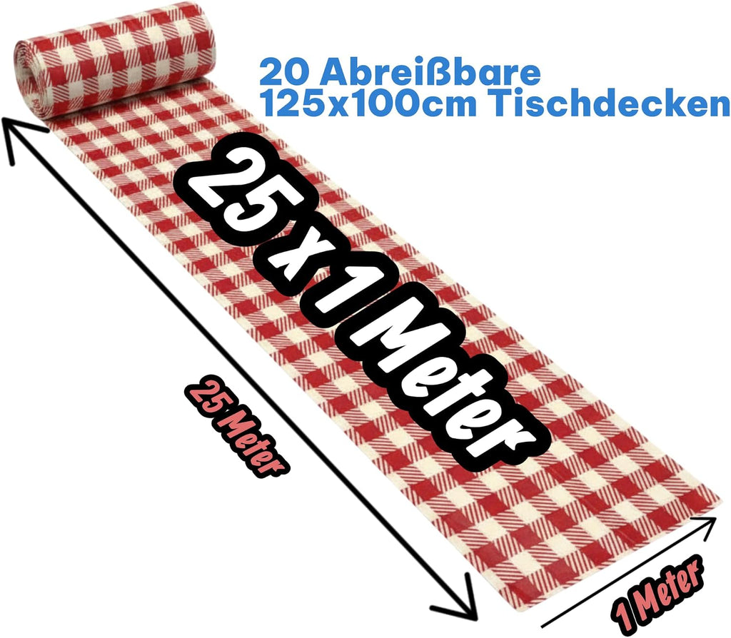 Rolle Tischdecke 25meter x 100cm – Einweg, Praktisch, 20 Abreißbare 125x100cm Tischdecken, Papieroberfläche & Kunststoffunterseite, Flüssigkeitsdicht, Party- und Eventtauglich (Rot, 1 Rolle)