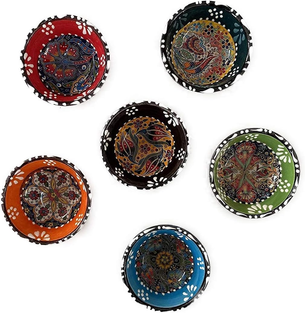 Dekorative türkische Keramik-Schüssel-Set mit 6 Stück – handgefertigte Pinch Multicolor Finger kleine Servierschalen (Decco, 8 cm)