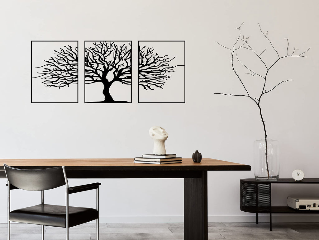 Tubibu Moderne Metall-Wandkunst 3er Set, 100% Metall - Metallische Wanddekoration, Wandbehang für Wohnzimmer, Schlafzimmer, Wohnheim, Wandskulpturen (Schwarzer Baum, klein)