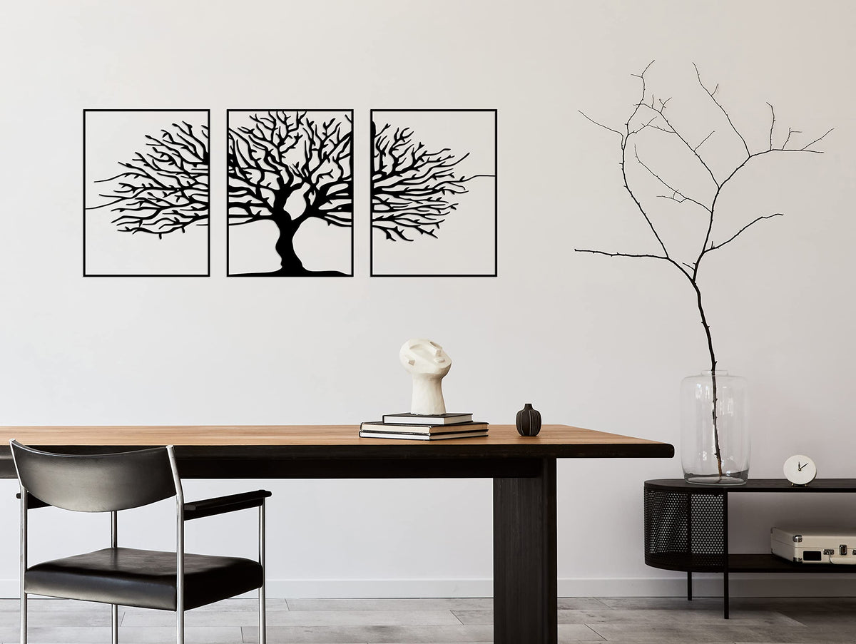 Tubibu Moderne Metall-Wandkunst 3er Set, 100% Metall - Metallische Wanddekoration, Wandbehang für Wohnzimmer, Schlafzimmer, Wohnheim, Wandskulpturen (Schwarzer Baum, klein)