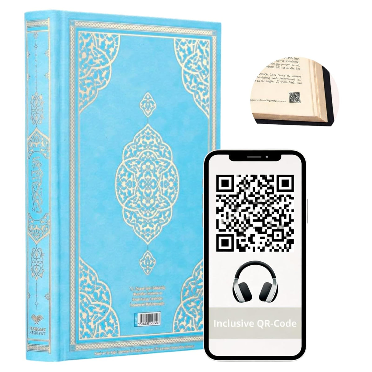 Koran auf Arabisch mit blauem Einband und Goldschnitt, mit QR-Code-Audio