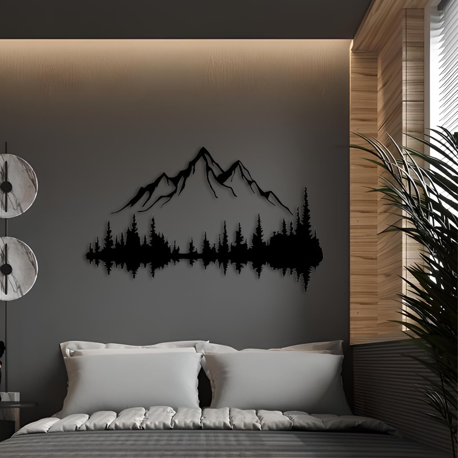 Metall Wandkunst Berg und Wald Metall Wanddekoration, große Wandskulptur für rustikales Zuhause, Innen und Außenbereich, Moderne Deko, Bilder für Zuhause Büro Wohnzimmer (Berg 2, Klein, White/Black)