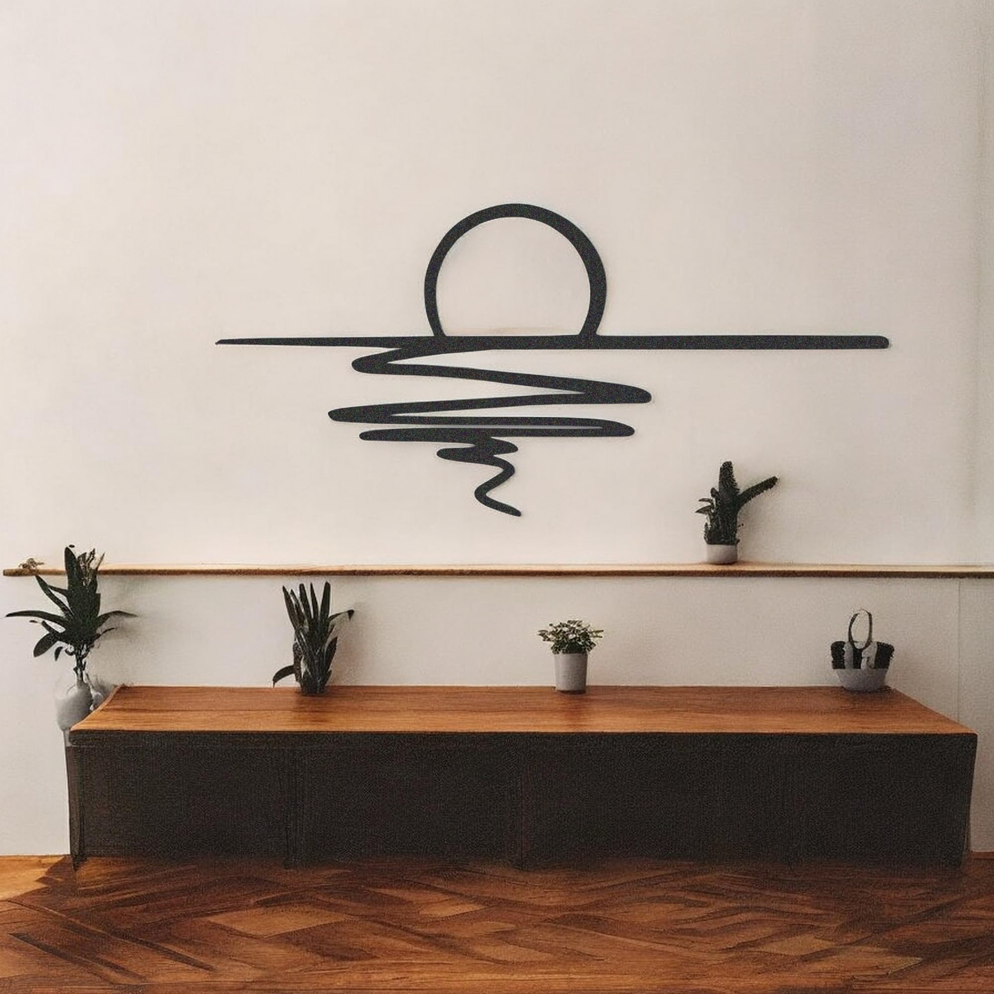 Tubibu Metall-Wandkunst – Sonnen-Glitzer-Wanddekoration – schwarze minimalistische Linienkunst – Sonnenaufgang-Wandbehang für Wohnzimmer, Schlafzimmer, Einweihungsgeschenk im Freien (XXL)