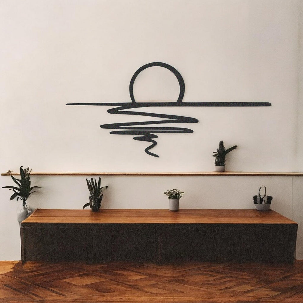 Tubibu Metall-Wandkunst – Sonnen-Glitzer-Wanddekoration – schwarze minimalistische Linienkunst – Sonnenaufgang-Wandbehang für Wohnzimmer, Schlafzimmer, Einweihungsgeschenk im Freien (XXL)