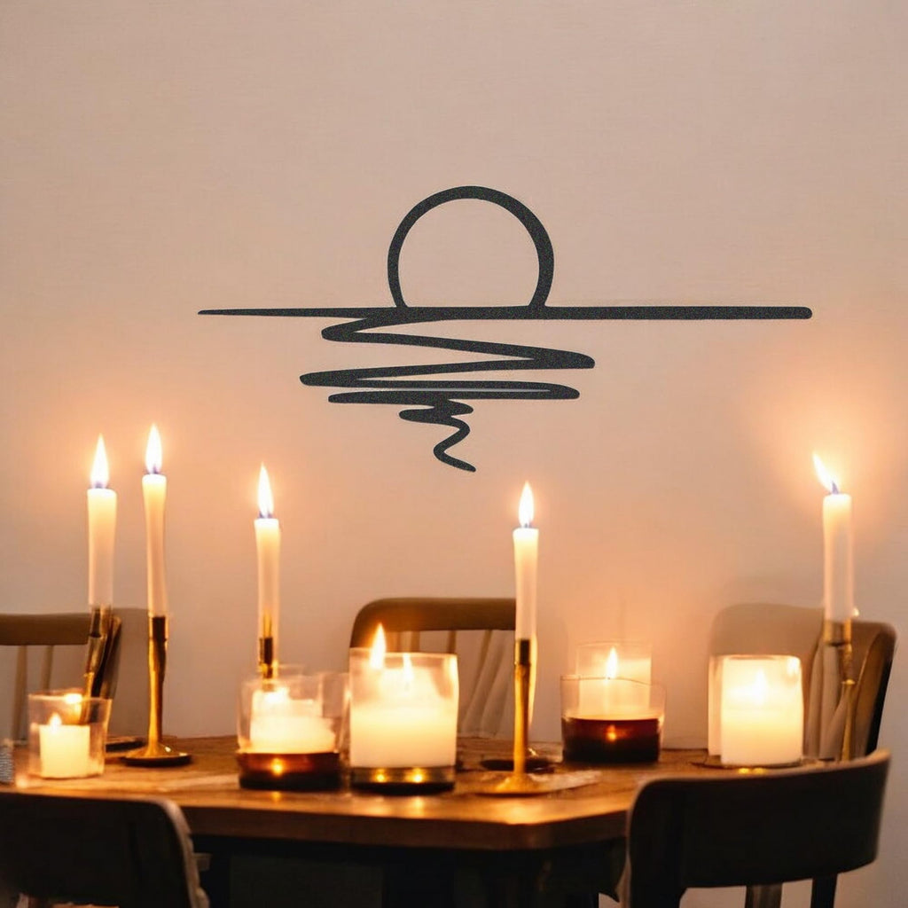 Tubibu Metall-Wandkunst – Sonnen-Glitzer-Wanddekoration – schwarze minimalistische Linienkunst – Sonnenaufgang-Wandbehang für Wohnzimmer, Schlafzimmer, Einweihungsgeschenk im Freien (XXL)
