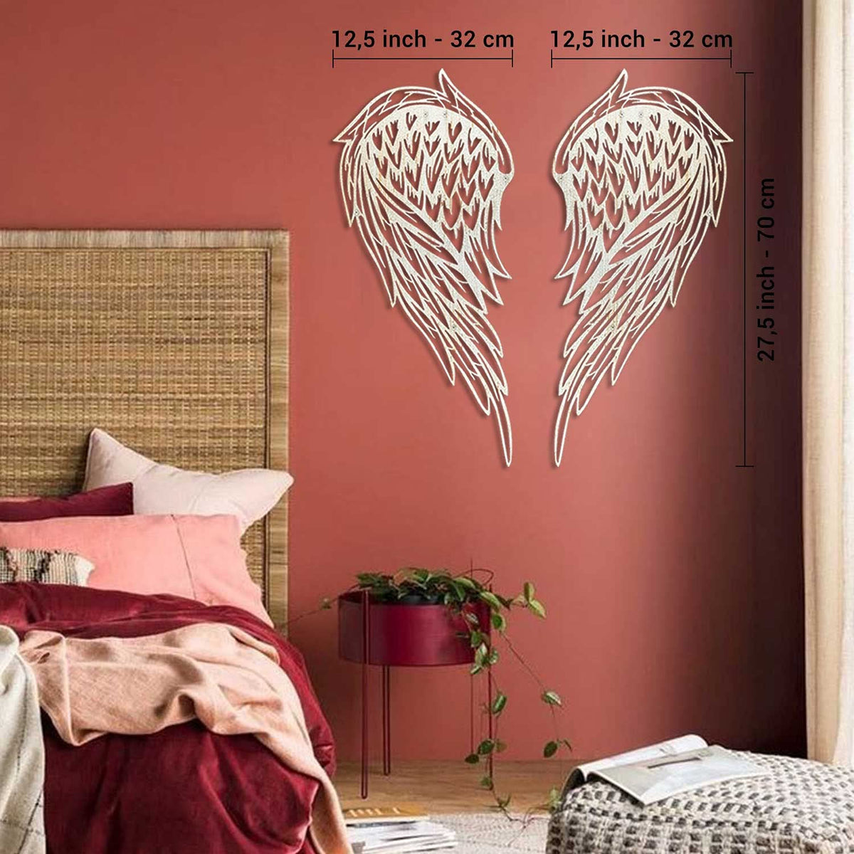 Tubibu Engelsflügel Metall Wandkunst, 100% Metall 2D Skulptur Groß und Breit - Wandbehang für Wohnzimmer, Schlafzimmer, Wohnheim, Geschenk für sie, Herzform (weiß)
